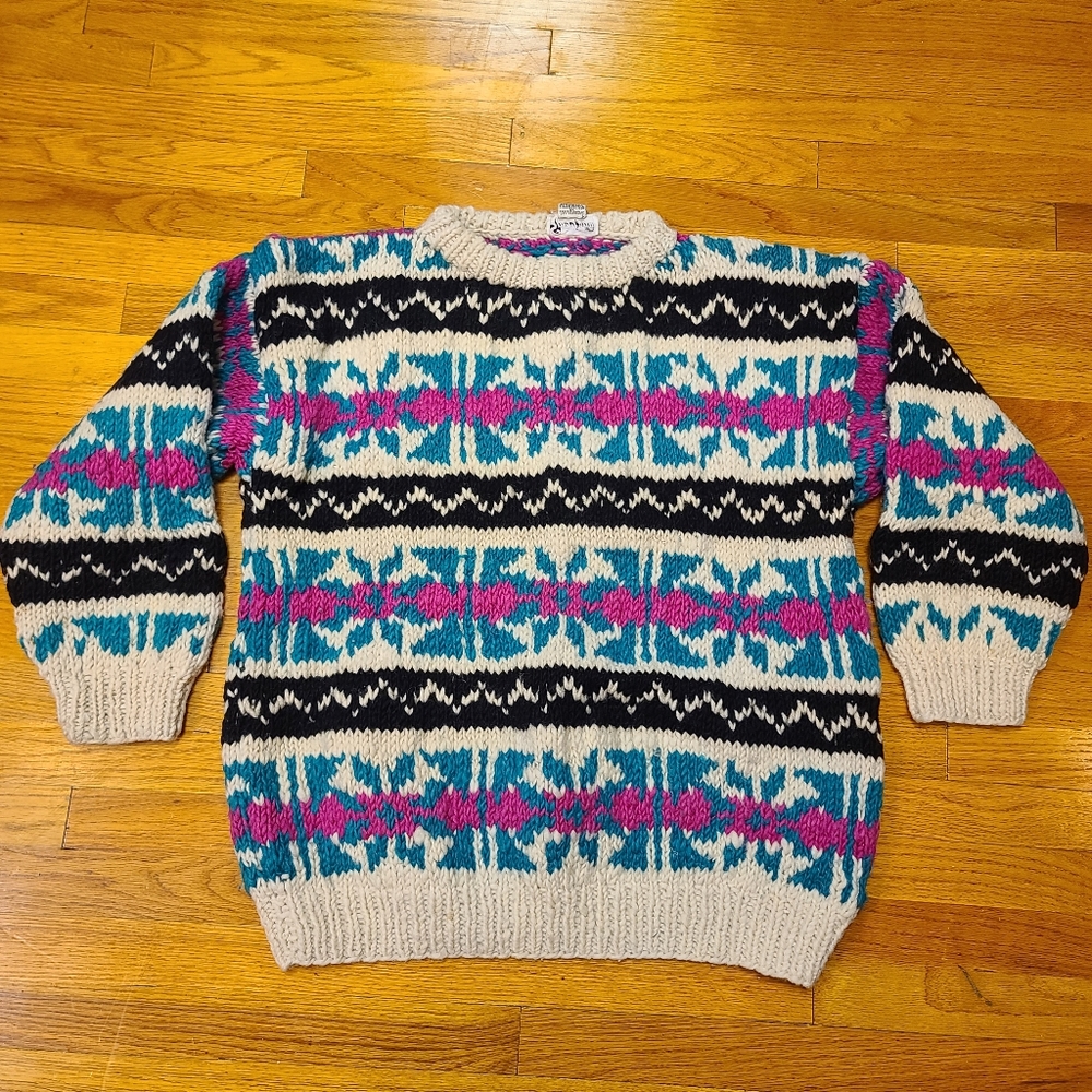 VTG 100% Wool Made in India Teal/Pink/Black Sweater Size XL